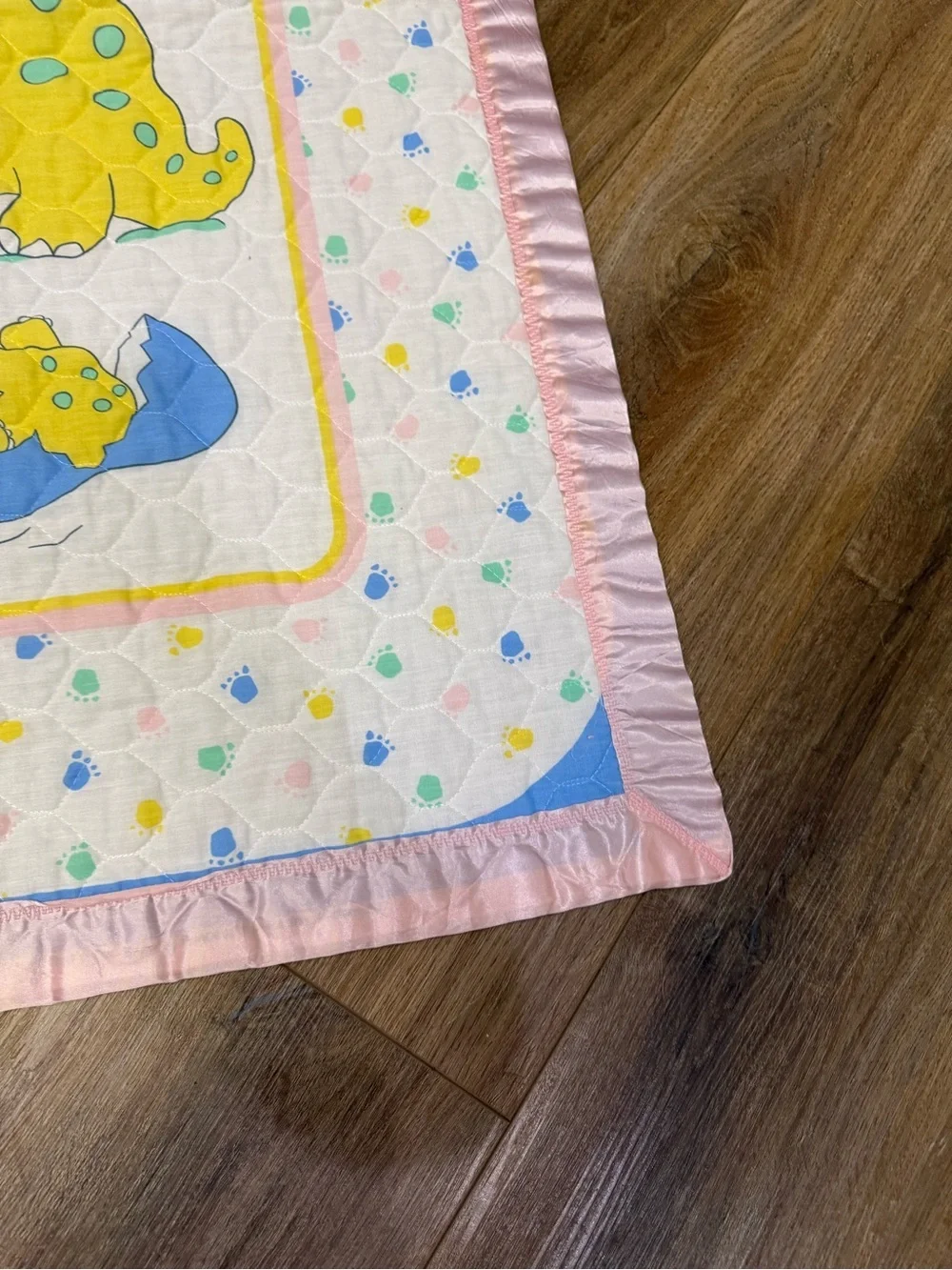 Vintage Baby Dinosaur Crib Quilt Blanket 44x34 Pink Satin Trim Nursery Decor